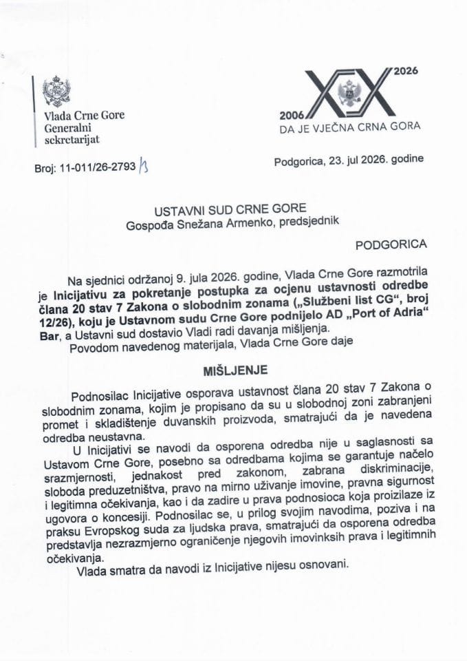 Predlog mišljenja na Inicijativu za pokretanje postupka za ocjenu ustavnosti odredbe člana 20 stav 7 Zakona o slobodnim zonama („Službeni list CG“, broj 12/26), koju je podnijelo AD „Port of Adria“ Bar - Zaključci