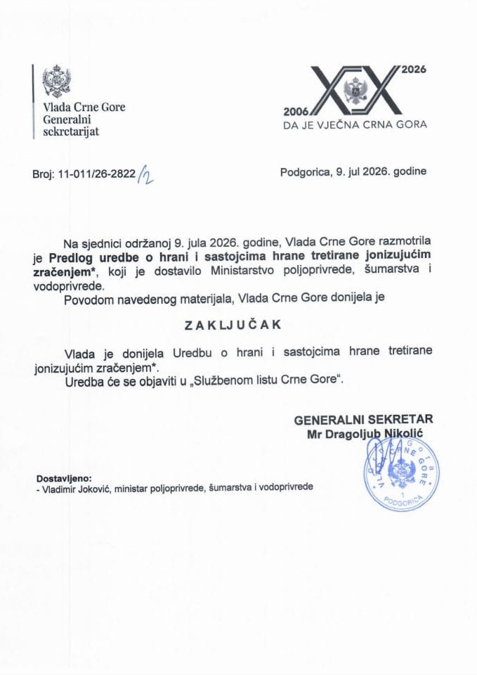 Predlog uredbe o hrani i sastojcima hrane tretirane jonizujućim zračenjem* - Zaključci