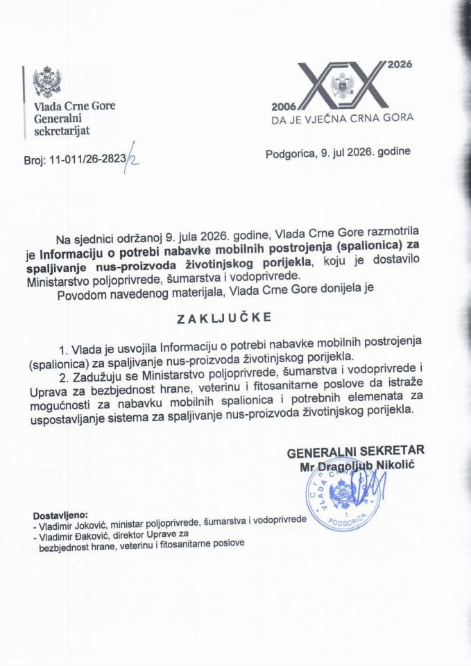 Informacija o potrebi nabavke mobilnih postrojenja (spalionica) za spaljivanje nus-proizvoda životinjskog porijekla - Zaključci