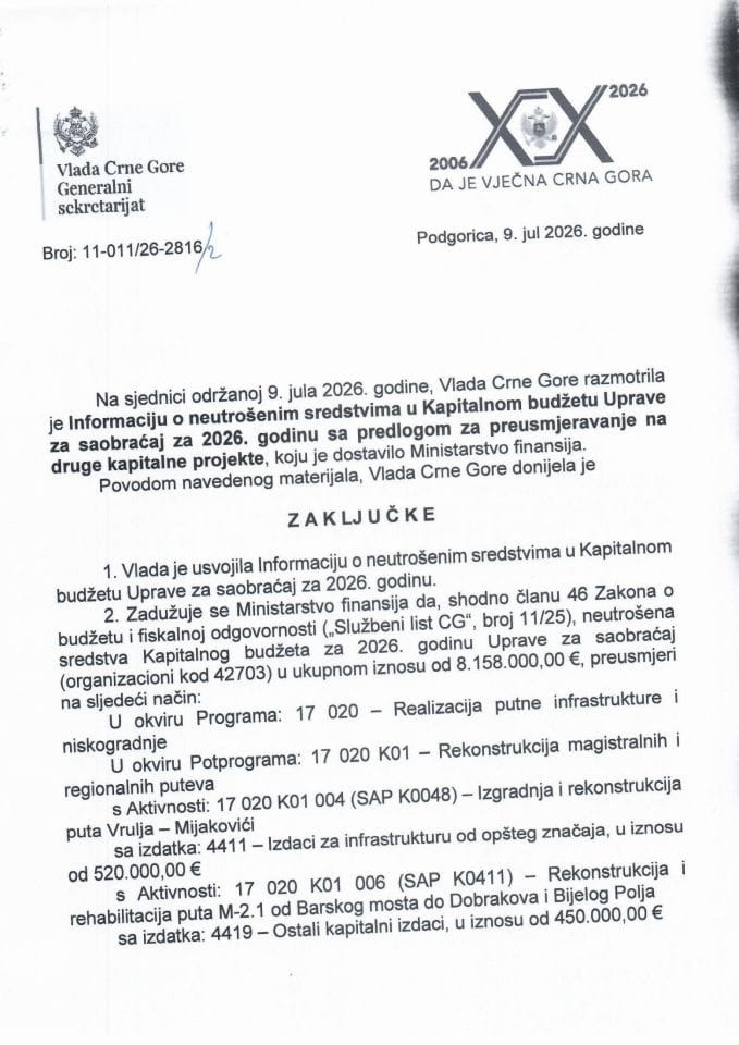 Informacija o neutrošenim sredstvima u Kapitalnom budžetu Uprave za saobraćaj za 2026. godinu sa predlogom za preusmjeravanje na druge kapitalne projekte - Zaključci