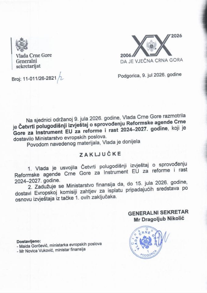 Četvrti polugodišnji izvještaj o sprovođenju Reformske agende Crne Gore za Instrument EU za reforme i rast 2024-2027. godine - Zaključci