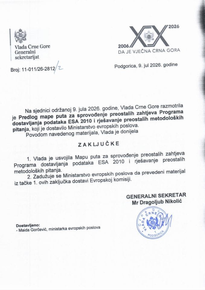 Predlog mape puta za sprovođenje preostalih zahtjeva Programa dostavljanja podataka ESA 2010 i rješavanje preostalih metodoloških pitanja - Zaključci