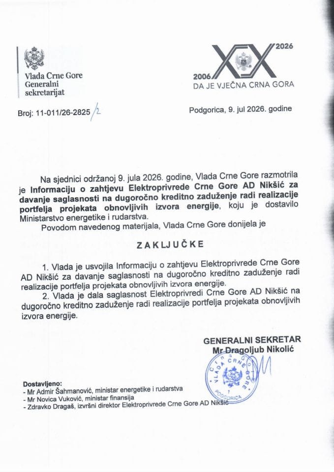 Informacija o zahtjevu Elektroprivrede Crne Gore AD Nikšić za davanje saglasnosti na dugoročno kreditno zaduženje radi realizacije portfelja projekata obnovljivih izvora energije - Zaključci