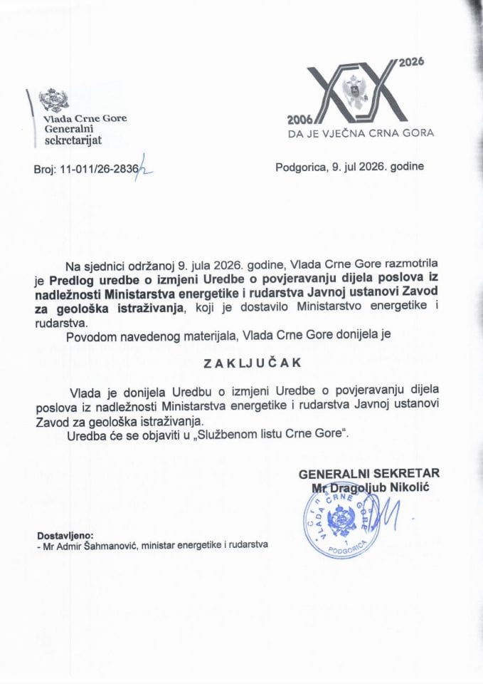 Predlog uredbe o izmjeni Uredbe o povjeravanju dijela poslova iz nadležnosti Ministarstva energetike i rudarstva Javnoj ustanovi Zavod za geološka istraživanja - Zaključci