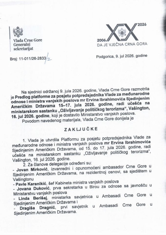 Predlog platforme za posjetu potpredsjednika Vlade za međunarodne odnose i ministra vanjskih poslova mr Ervina Ibrahimovića Sjedinjenim Američkim Državama 15 – 17. jula 2026. godine - Zaključci