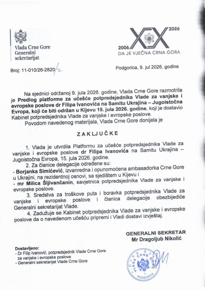 Predlog platforme za učešće potpredsjednika Vlade za vanjske i evropske poslove dr Filipa Ivanovića na Samitu Ukrajina – Jugoistočna Evropa, koji će biti održan u Kijevu 15. jula 2026. godine - Zaključci