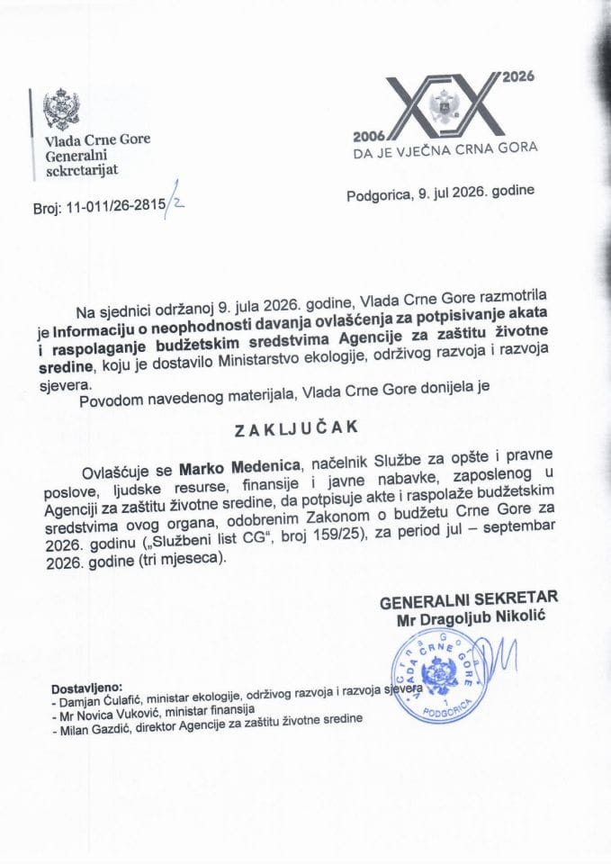 Informacija o neophodnosti davanja ovlašćenja za potpisivanje akata i raspolaganje budžetskim sredstvima Agencije za zaštitu životne sredine - Zaključci