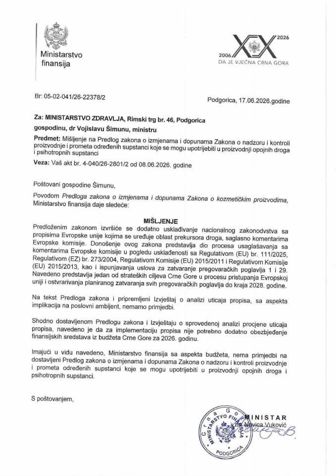 Mišljenje na Predlog zakona o izmjenama i dopunama Zakona o nadzoru i kontroli proizvodnje i prometa određenih supstanci