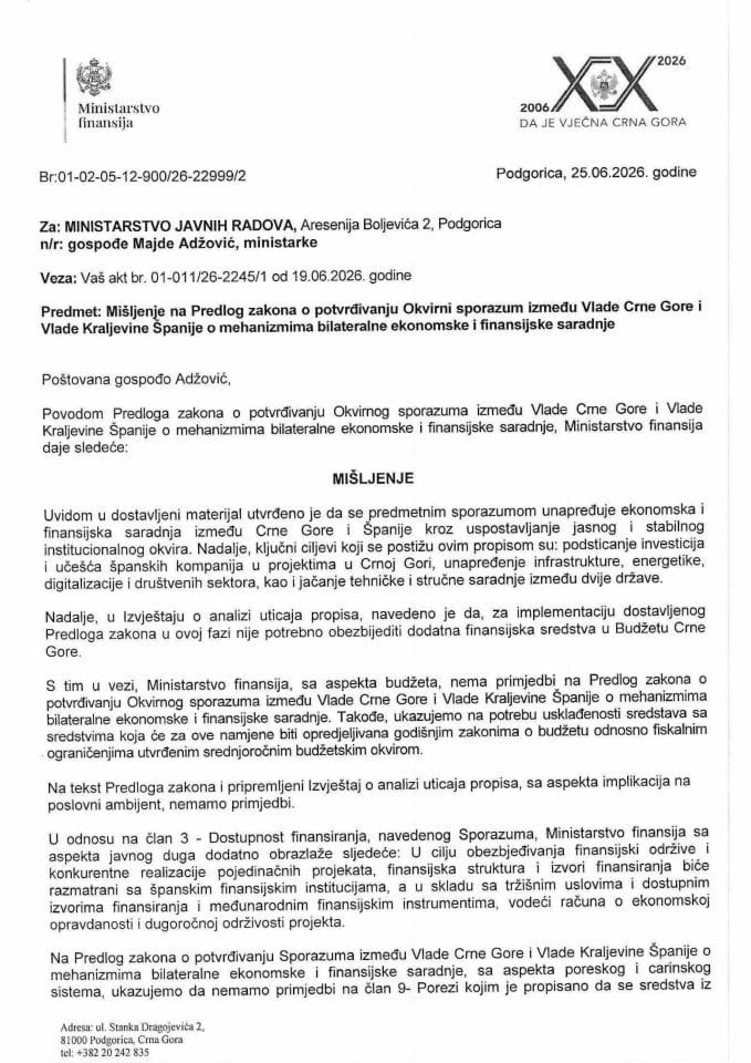 Mišljenje na Predlog zakona o potvrđivanju Okvirnog sporazuma između Vlade Crne Gore i Vlade Kraljevine Španije