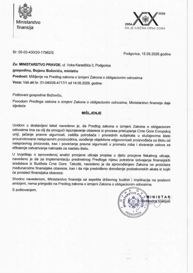 Mišljenje na Predlog zakona o izmjeni Zakona o obligacionim odnosima