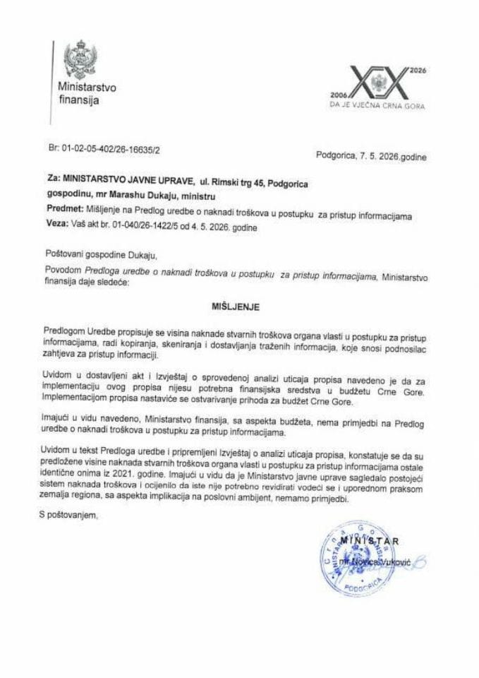 Mišljenje na  Predlog uredbe o naknadi troškova u postupku  za pristup informacijama