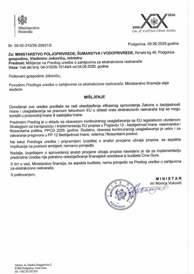 Mišljenje na Predlog uredbe o zahtjevima za ekstrakcione rastvarače