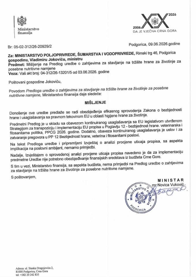 Mišljenje na Predlog uredbe o zahtjevima za stavljanje na tržište hrane za životinje za posebne nutritivne namjene