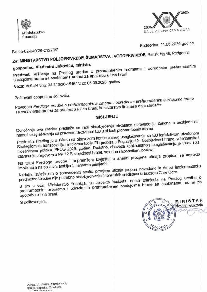 Mišljenje na Predlog uredbe o prehrambenim aromama i određenim prehrambenim sastojcima hrane sa osobinama aroma za upotrebu u i na hrani