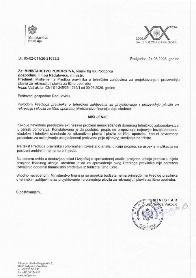 Mišljenje na Predlog pravilnika o tehničkim zahtjevima za projektovanje i proizvodnju plovila za rekreaciju i plovila za ličnu upotrebu