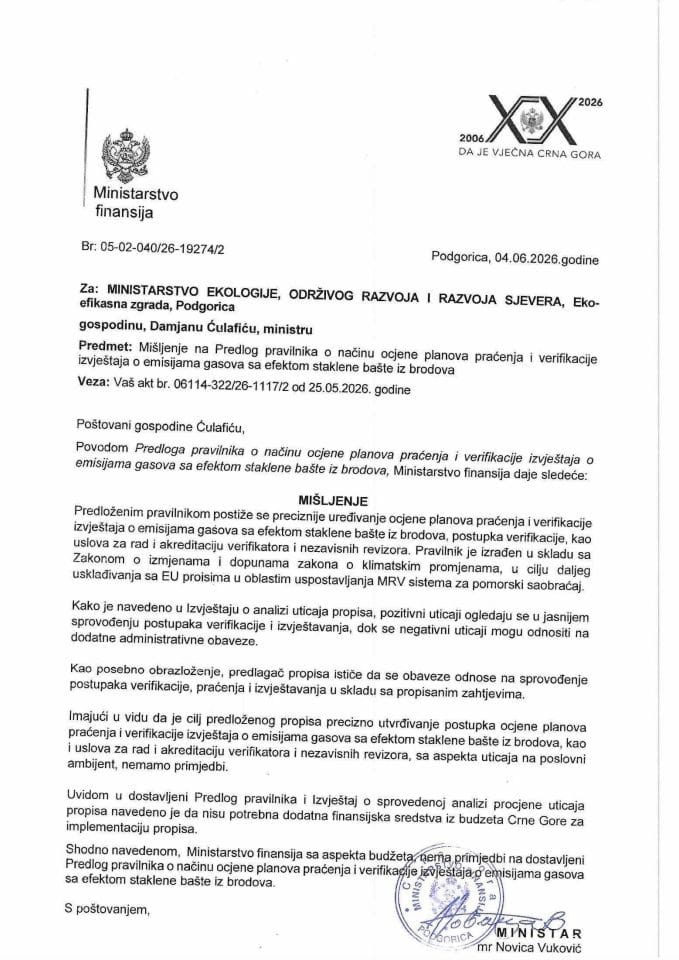 Mišljenje na Predlog pravilnika o načinu ocjene planova praćenja i verifikacije izvještaja o emisijama gasova sa efektom staklene bašte iz brodova