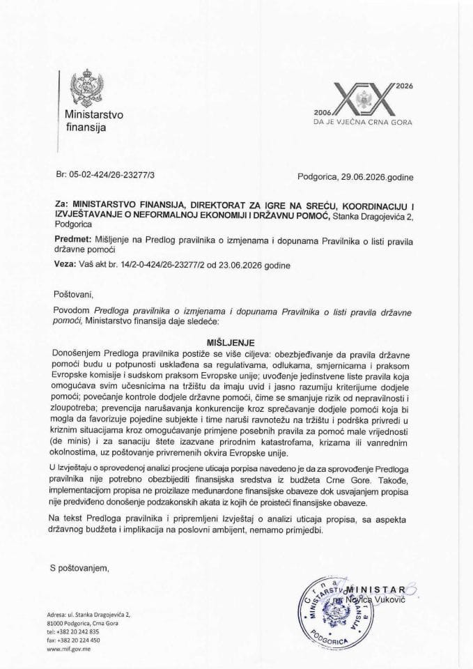 Mišljenje na predlog pravilnika o izmjenama i dopunama Pravilnika o listi pravila državne pomoći