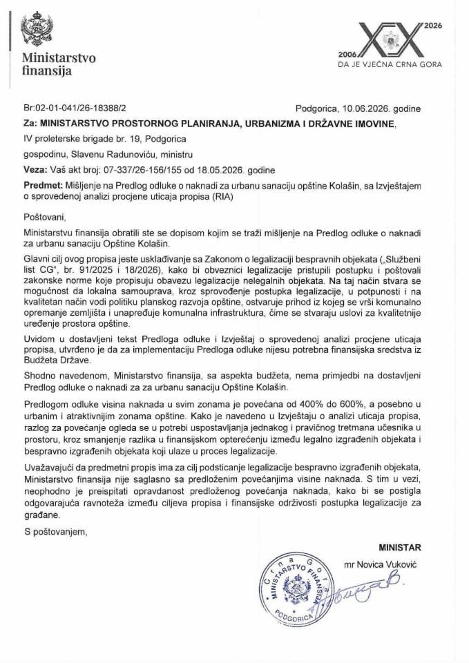 Mišljenje na Predlog odluke o naknadi za urbanu sanaciju opštine Kolašin