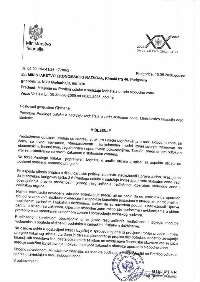 Mišljenje na Predlog odluke o sadržaju Izvještaju o radu slobodne zone