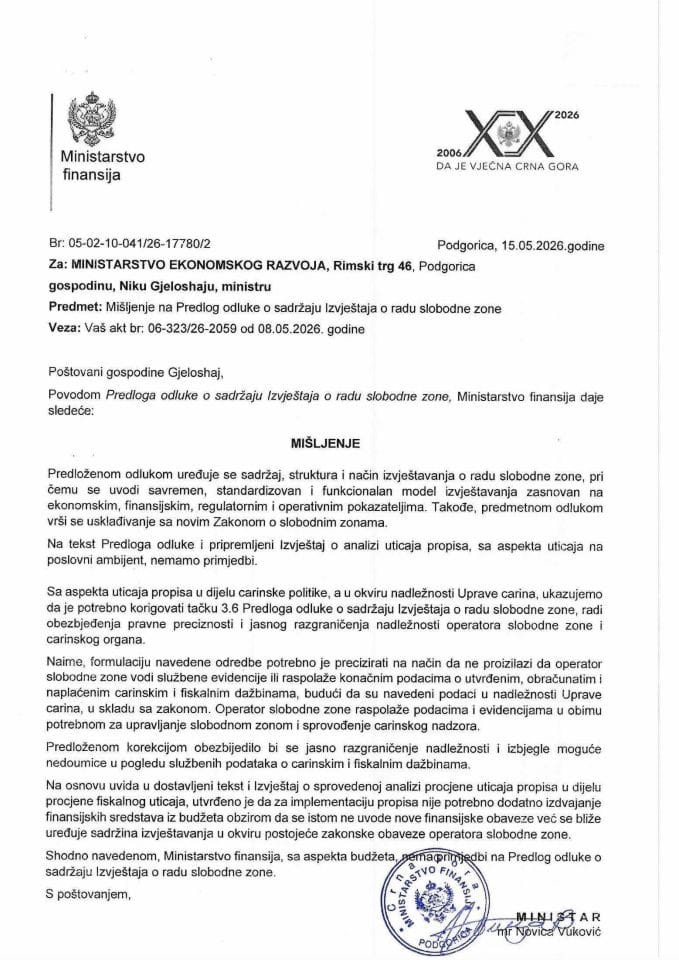 Mišljenje na Predlog odluke o sadržaju Izvještaja o radu slobodne zone