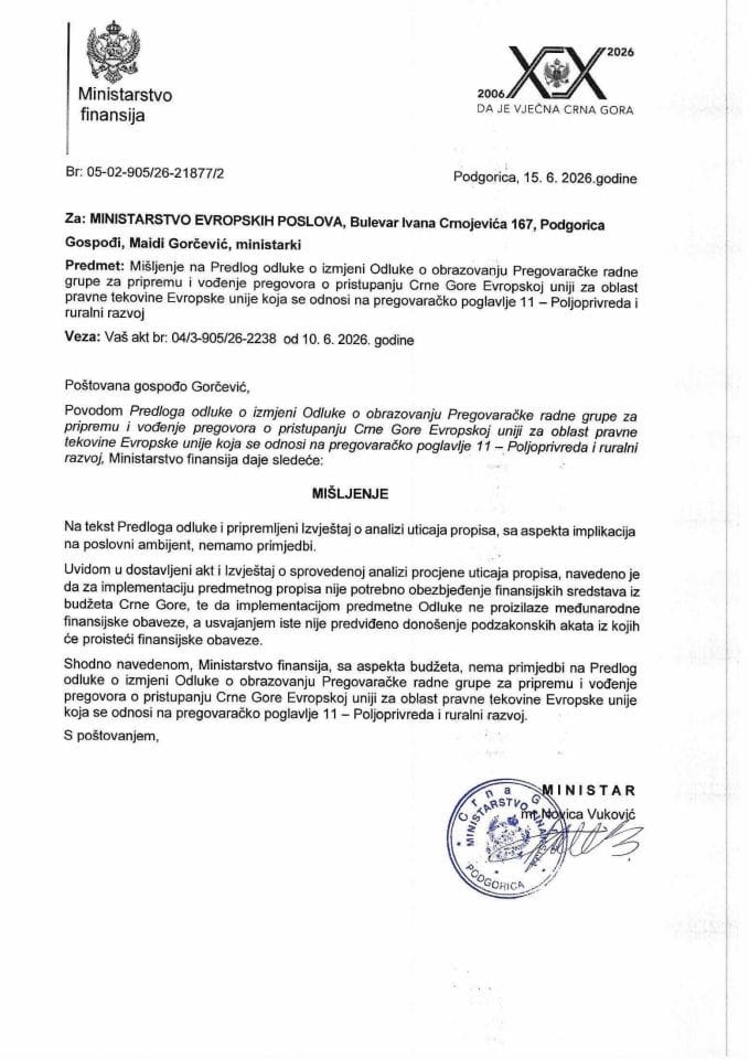 Mišljenje na Predlog odluke o izmjeni Odluke obrazovanju pregovaračke radne grupe za pripremu i vođenje pregovora- Poglavlje 11 Poloprivreda i razvoj