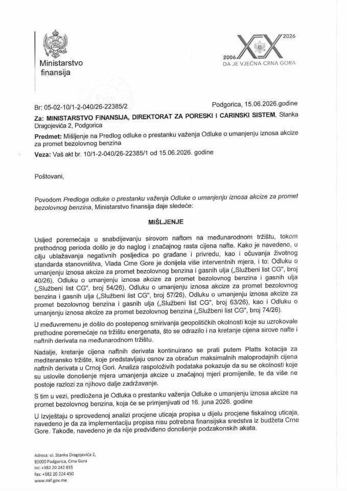 Mišljenje na Predlog odluke o prestanku važenja Odluke o umanjenju iznosa akcije za promet bezolovnog benzina
