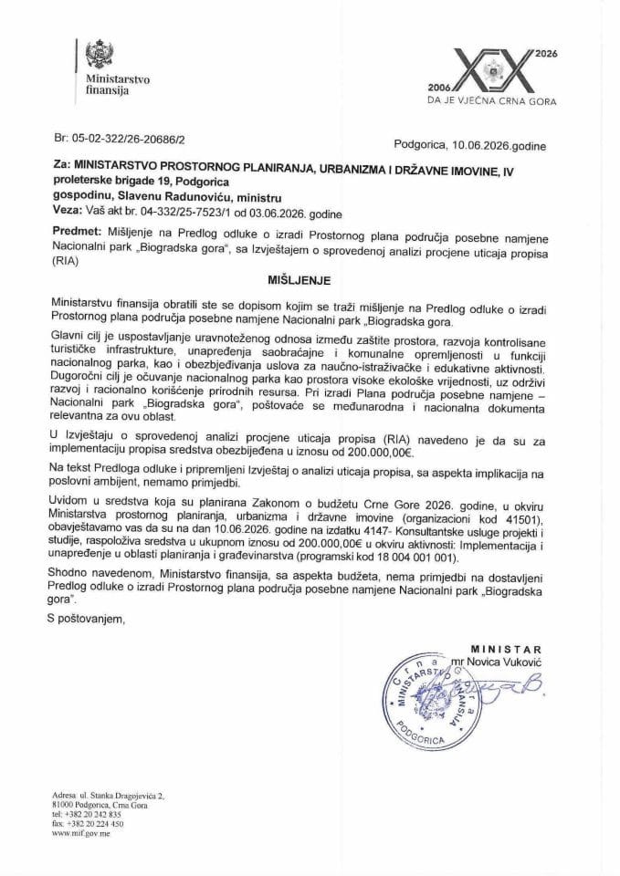 Mišljenje na Predlog odluke o izradi Prostornog plana područja posebne namjene Nacionalni park '' Biogradska gora ''