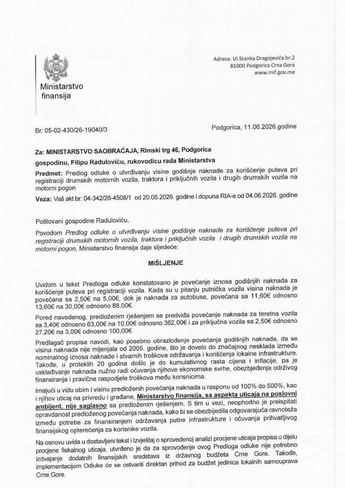 Mišljenje na Predlog odluke o utvrđivanju visine godišnje naknade za korišćenje puteva pri registraciji drumskih motornih vozila