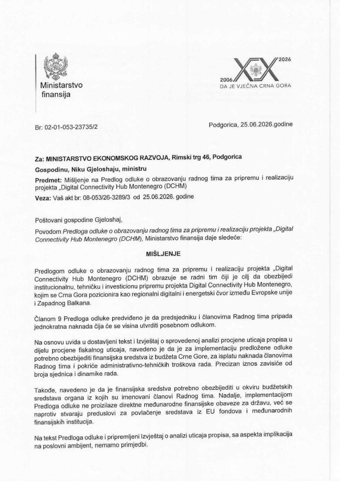 Mišljenje na predlog odluke o obrazovanju radnog tima za pripremu i realizaciju projekta Digital Connectivity Hub Montenegro