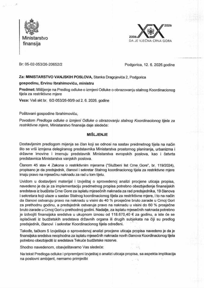 Mišljenje na Predlog odluke o izmjeni Odluke o obrazovanju stalnog Koordinacionog tijela za restriktivne mjere