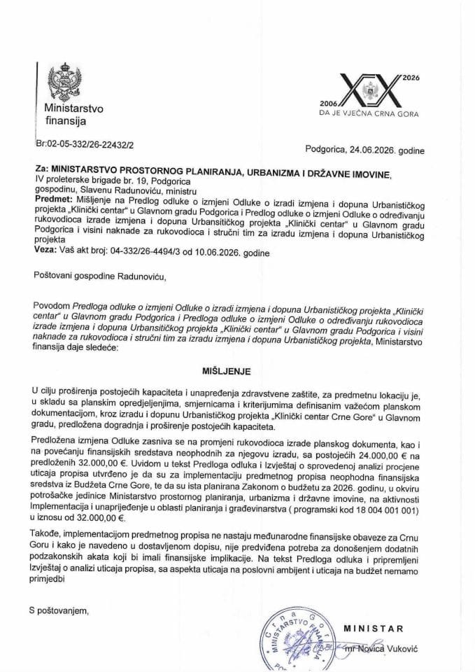 Mišljenje na Predlog odluke o izradi izmjena i dopuna UP Klinički centar