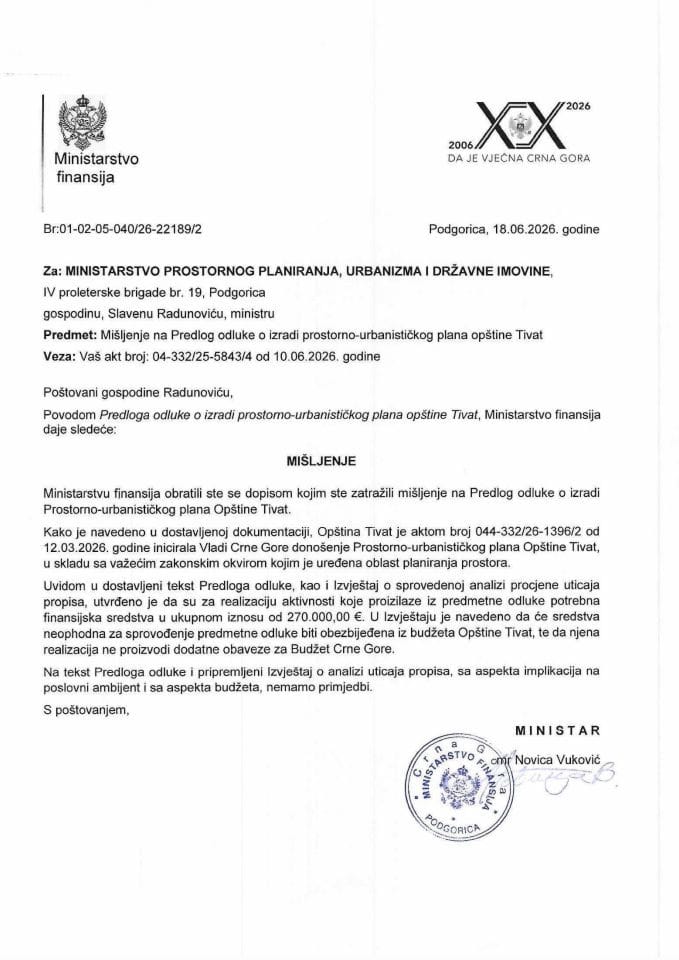 Mišljenje na Predlog odluke o izradi PUP-a opštine Tivat