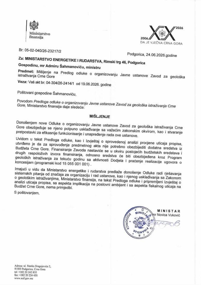 Mišljenje na Predlog odluke o organizovanju Javne ustanove Zavod za geološka istraživanja Crne Gore