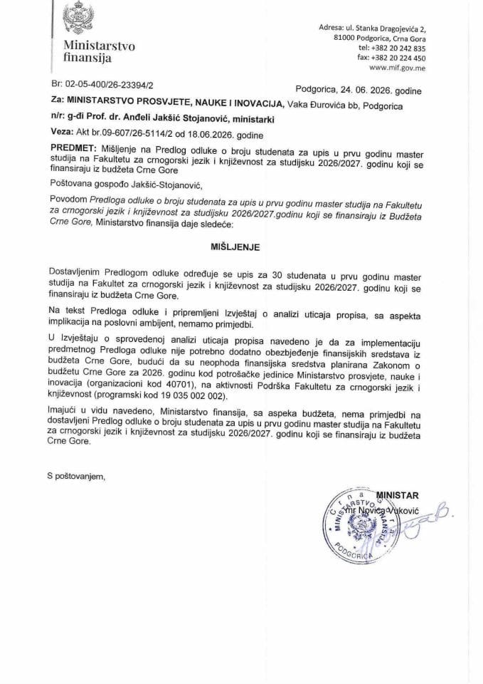 Mišljenje na Predlog odluke o broju studenata za upis u prvu godinu master studija za CG jezik i knjizevnost