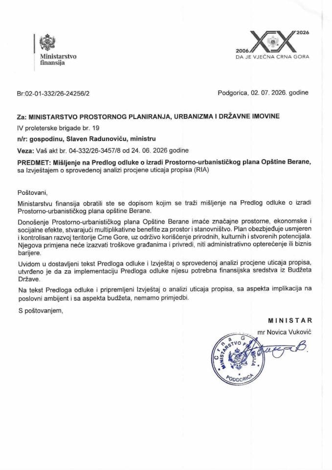 Mišljenje na Predlog odluke o izradi Prostorno - urbanističkog plana Opštine Berane