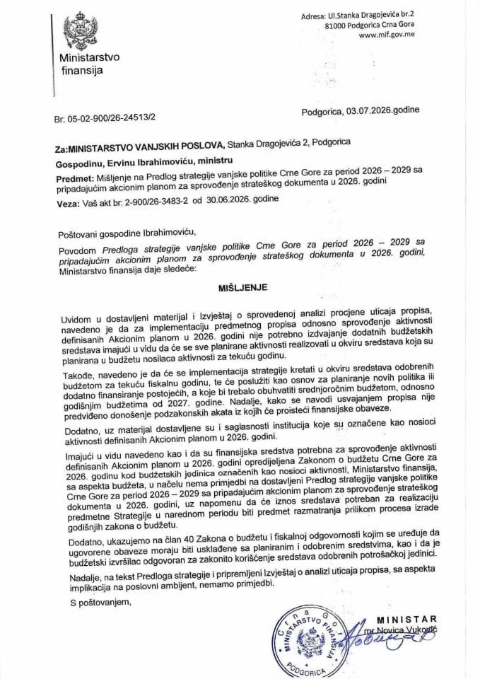 Mišljenje na Predlog strategije vanjske politike Crne Gore za period 2026 - 2029 sa pripadajućim planom za sprovođenje strateškog dokumenta u 2026. godini