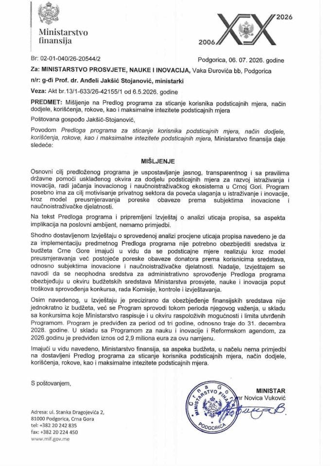 Mišljenje na Predlog programa za sticanje statusa korisnika podsticajnih mjera, način dodjele, korišćenje, rokove, kao i maksimalne intenzitete podsticajnih mjera