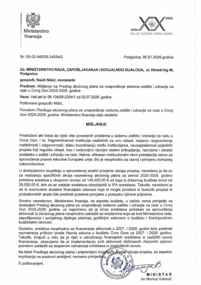 Mišljenje na Predlog akcionog plana za unapređenje sistema zaštite i zdravlja na radu