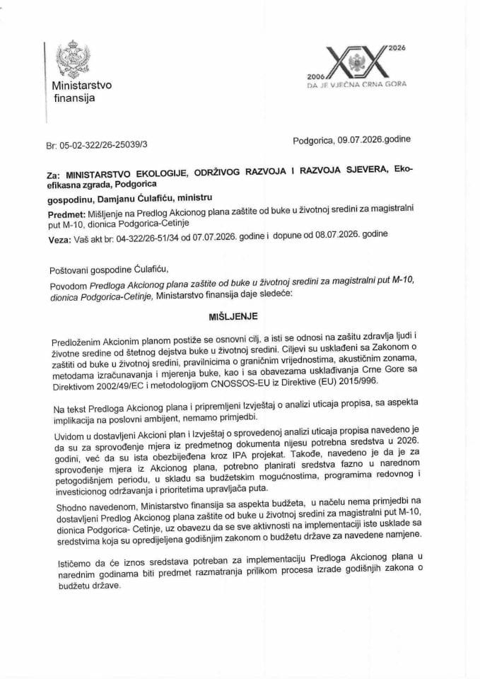 Mišljenje na Predlog akcionog plana zaštite od buke u životnoj sredini za magistralni put M - 10, dionica Podgorica - Cetinje