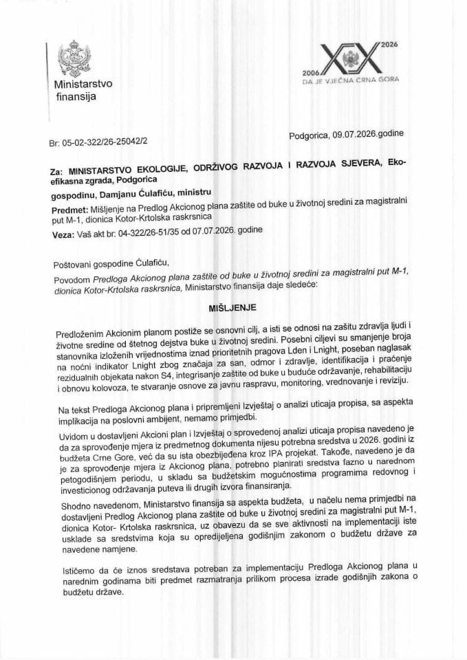 Mišljenje na Predlog akcionog plana zaštite od buke u životnoj sredini za magistralni put m-1 dionica Kotor - Krtolska raskrnica