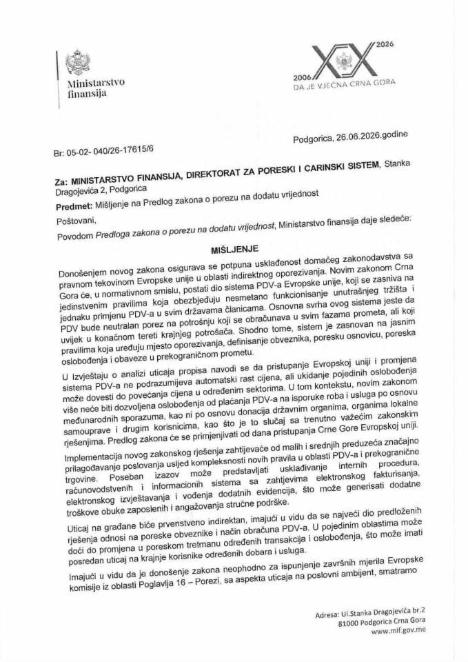 Mišljenje na Predlog zakona o porezu na dodatu vrijednost