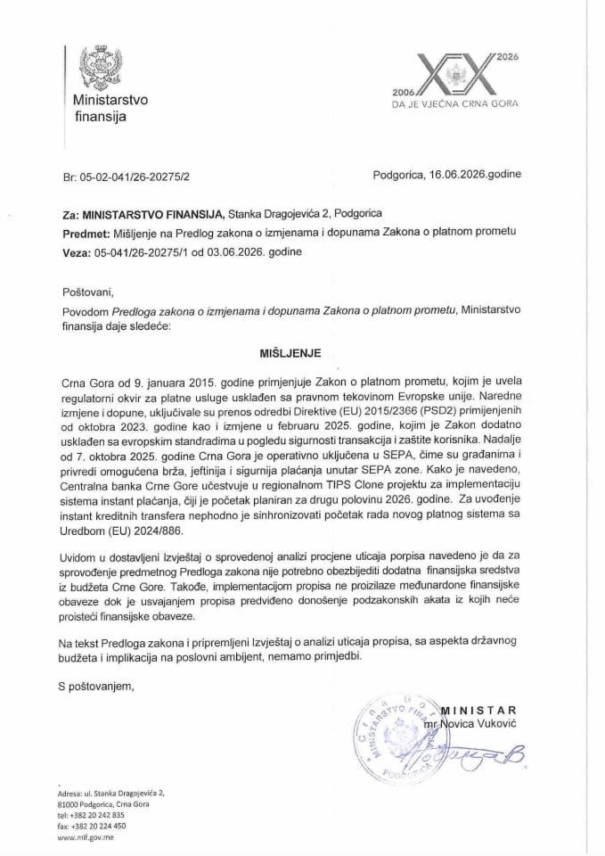 Mišljenje na Predlog zakona o izmjenama i dopunama Zakona o platnom prometu