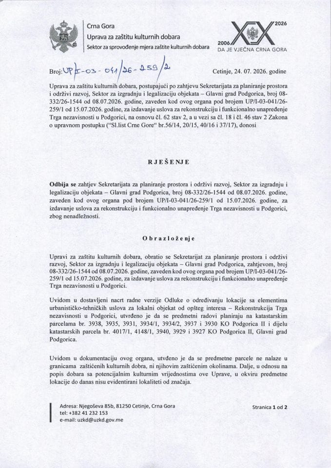 Rješenje o odbijanju zahtjeva UP-I-03-041-26-259-2 od 24.07.2026.