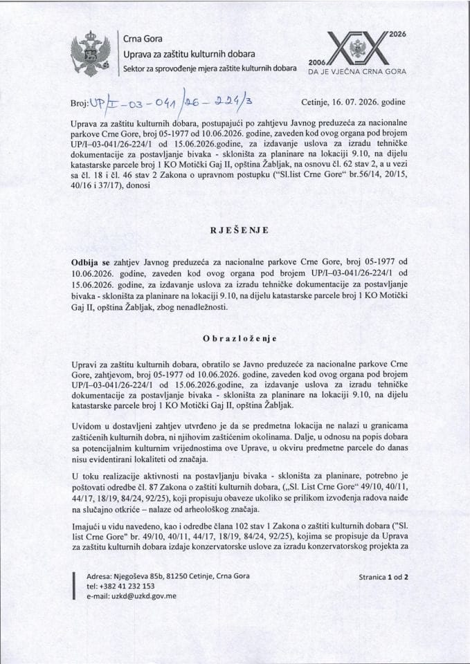 Rješenje o odbijanju zahtjeva UP-I-03-041-26-224-3 od 16.07.2026.
