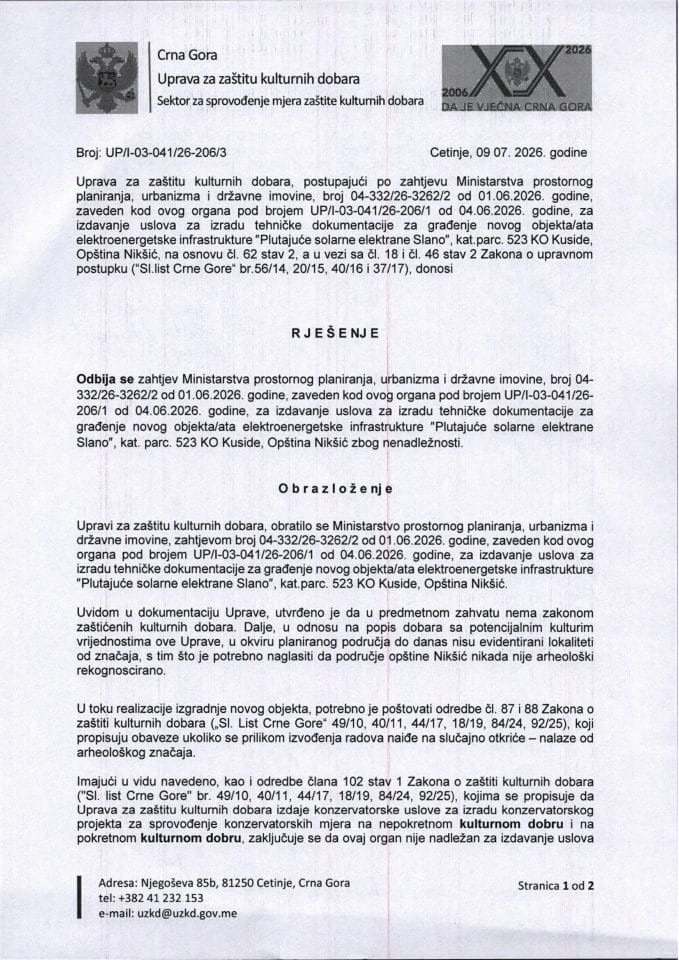 Rješenje o odbijanju zahtjeva UP-I-03-041-26-206-3 od 09.07.2026.