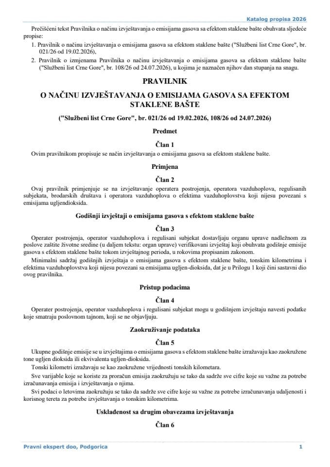 Pravilnik o načinu izvještavanja o emisijama gasova sa efektom staklene bašte