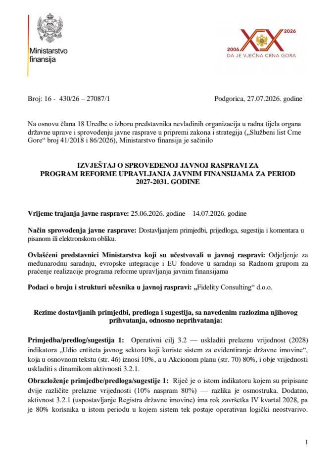 Izvještaj o sprovedenoj javnoj raspravi za Program reforme upravljanja javnim finansijama za period 2027-2031. godine