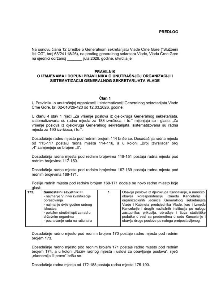 Predlog pravilnika o izmjenama i dopuni Pravilnika o unutrašnjoj organizaciji i sistematizaciji Generalnog sekretarijata Vlade Crne Gore