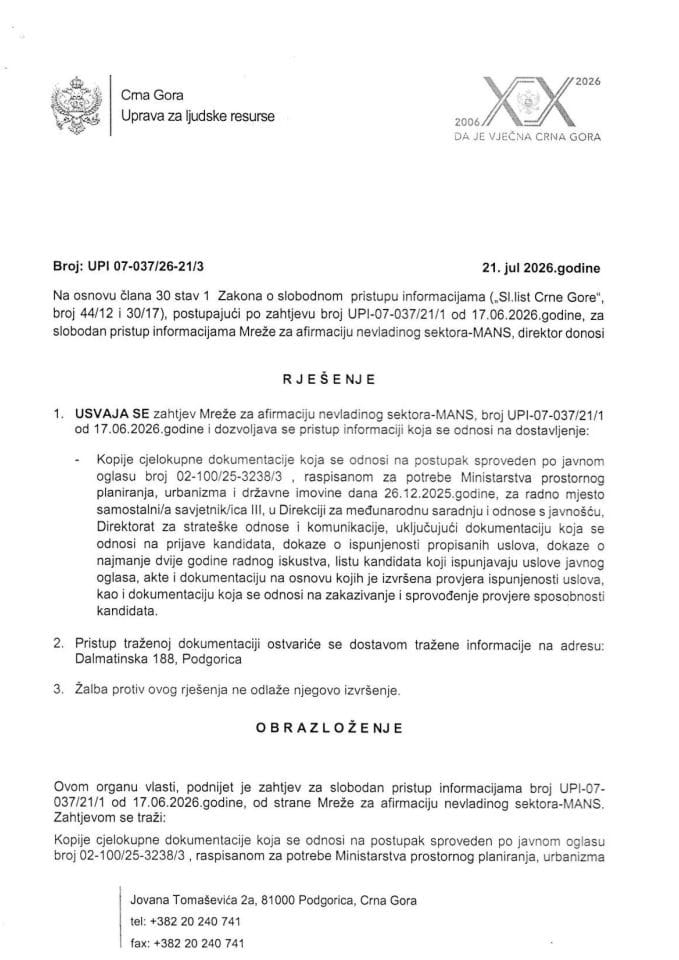 Rješenje kojim se usvaja zahtjev br. UPI-07-03726-21MANS
