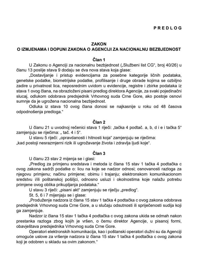 Предлог закона о измјенама и допуни Закона о Агенцији за националну безбједност